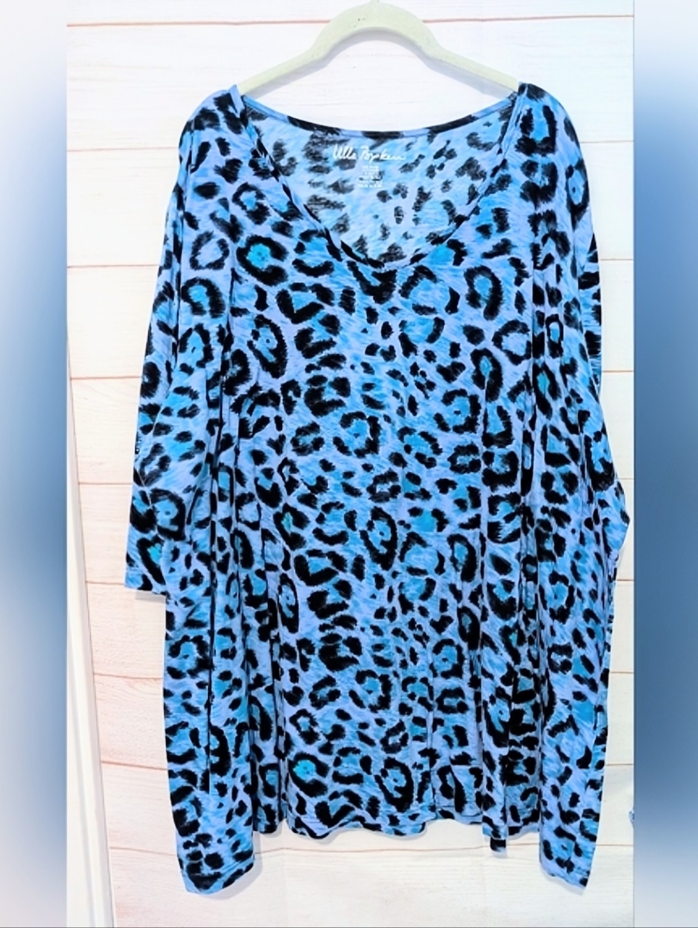 EUC Designer Ulla Popken Vibrant Blue Leopard Print 3/4 Sleeve Top Size 24/26